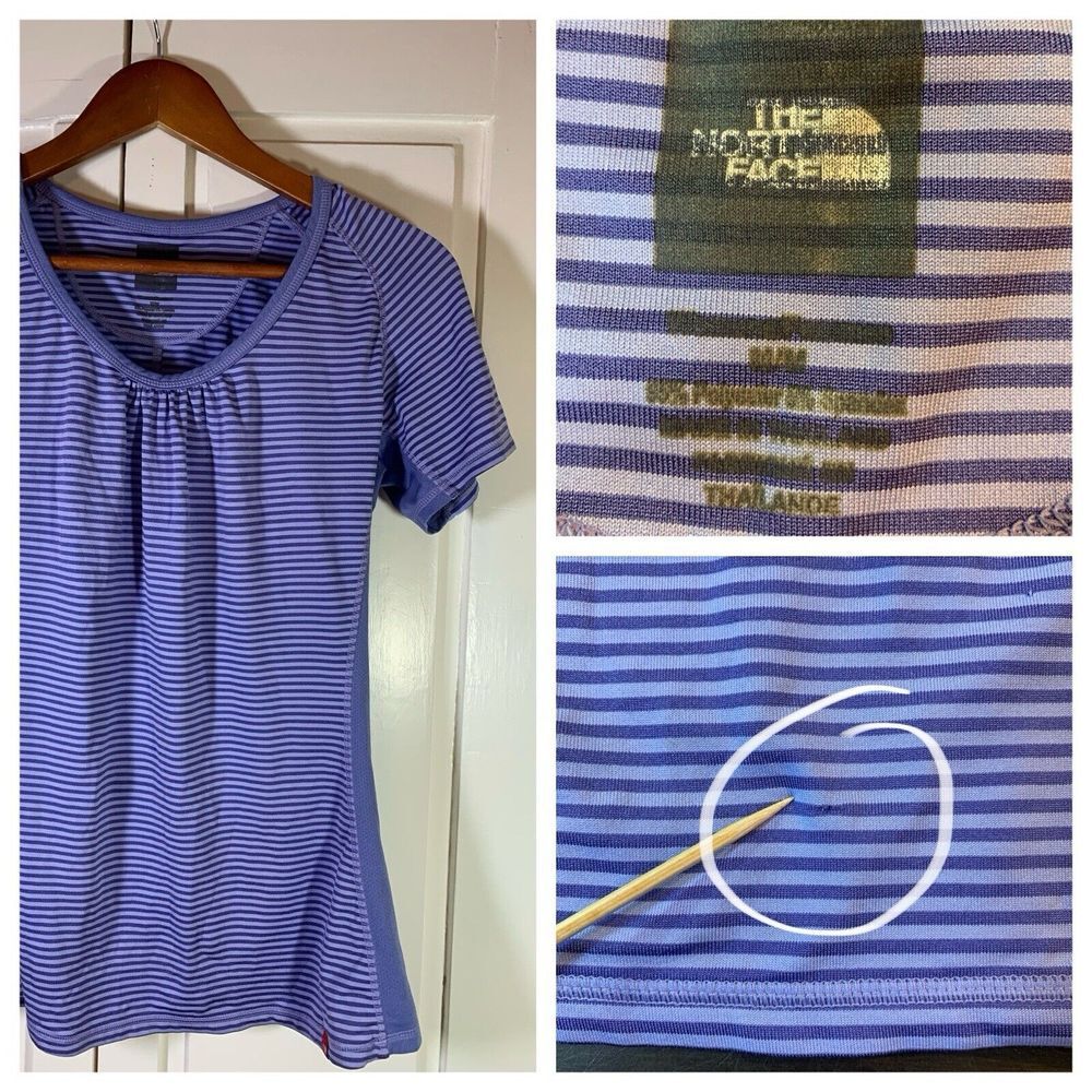 The North Face T Shirt Womens Medium Purple Stripes Outdoorsy Hiking READ